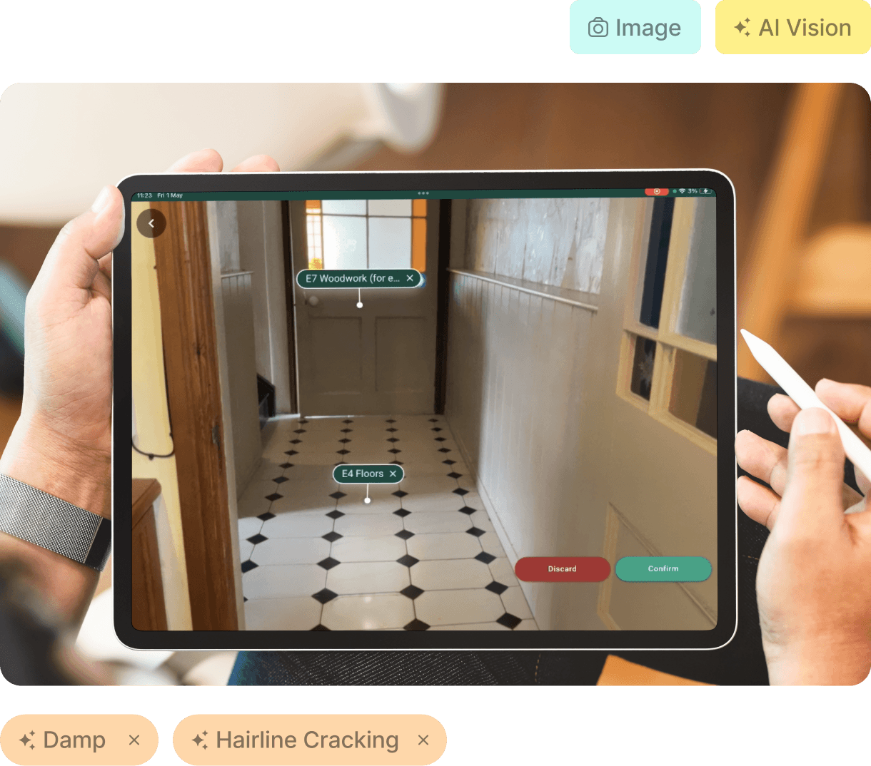 SurveySphere AI identifying damp and hairline cracking on screen, ready to match to SOR codes