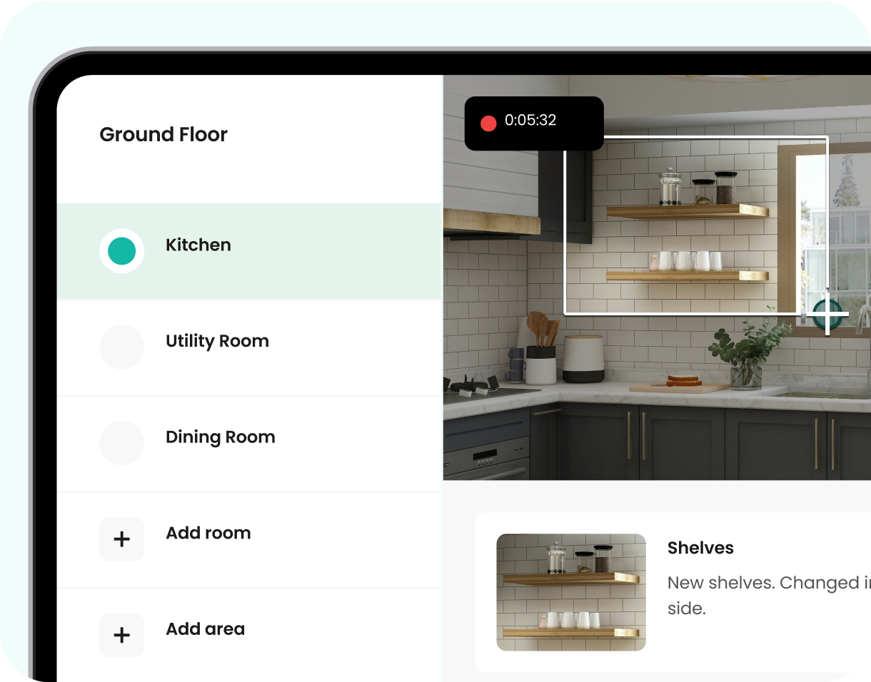 Inspector-led remote inspection in progress in SurveySphere, showing a live view of a kitchen with rooms listed alongside